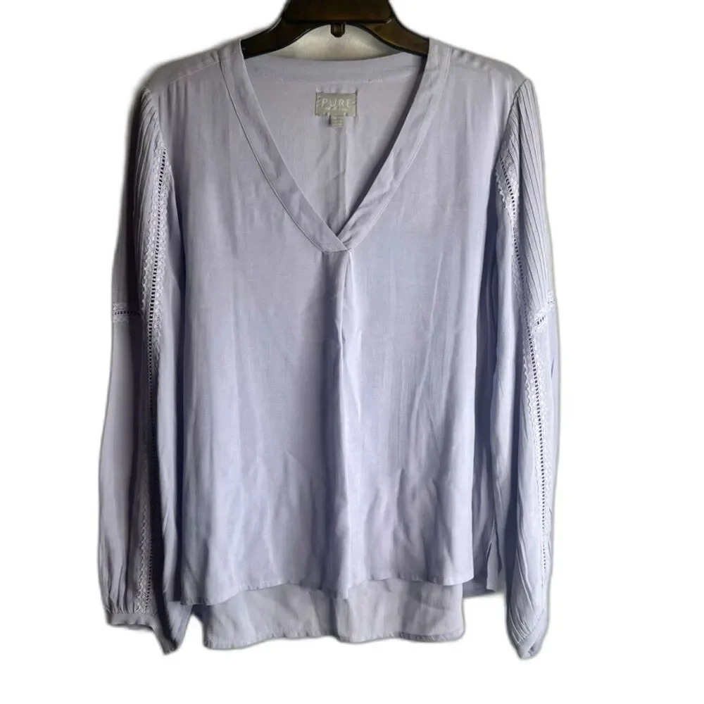PURE Collection Vneck Long Sleeve‎ Semi Sheer Lace Trim Blouse Women's Sz 6